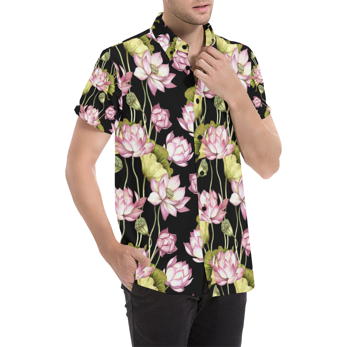 Water Lily Pattern Print Design WL06 Men's Short Sleeve Button Up Shirt