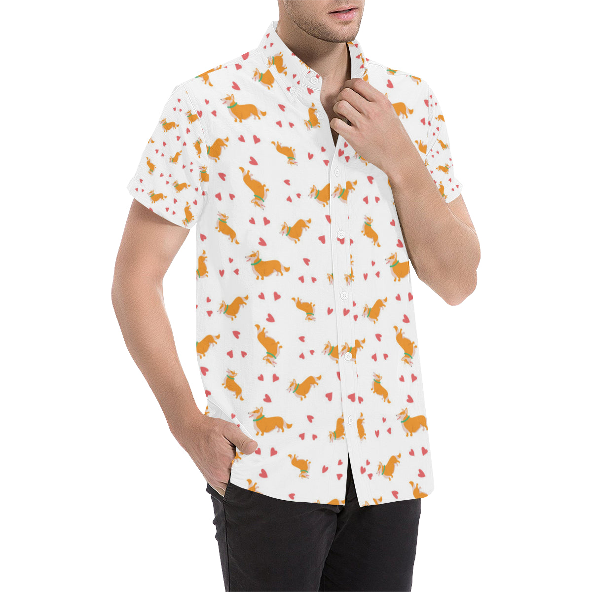 Cardigan Welsh Corgis Pattern Print Design 04 Men's Short Sleeve Button Up Shirt