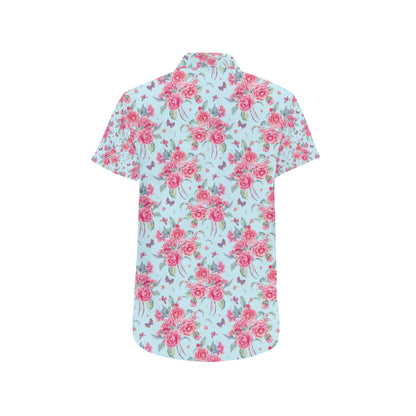 Camellia Pattern Print Design 01 Men's Short Sleeve Button Up Shirt