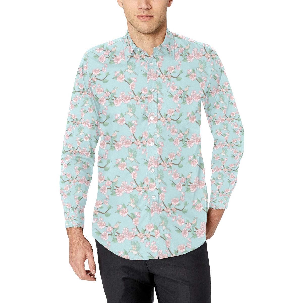 Cherry Blossom Pattern Print Design 02 Men's Long Sleeve Shirt