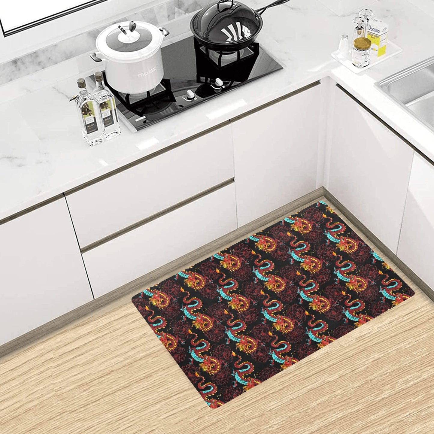 Chinese Dragons and Peonies Design Kitchen Mat