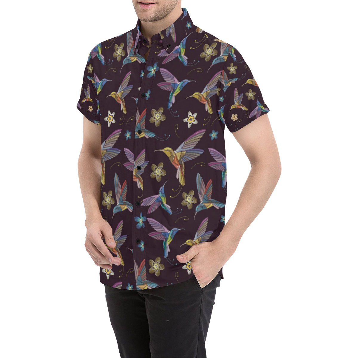 Hummingbird Pattern Print Design 04 Men's Short Sleeve Button Up Shirt