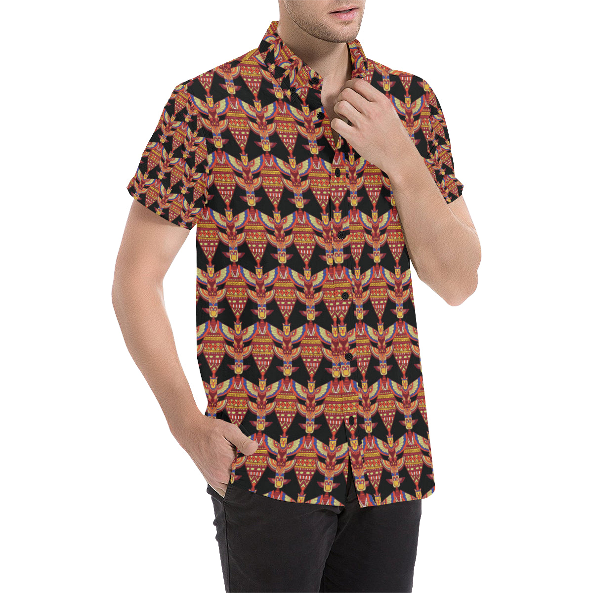 Totem Pole Print Men's Short Sleeve Button Up Shirt