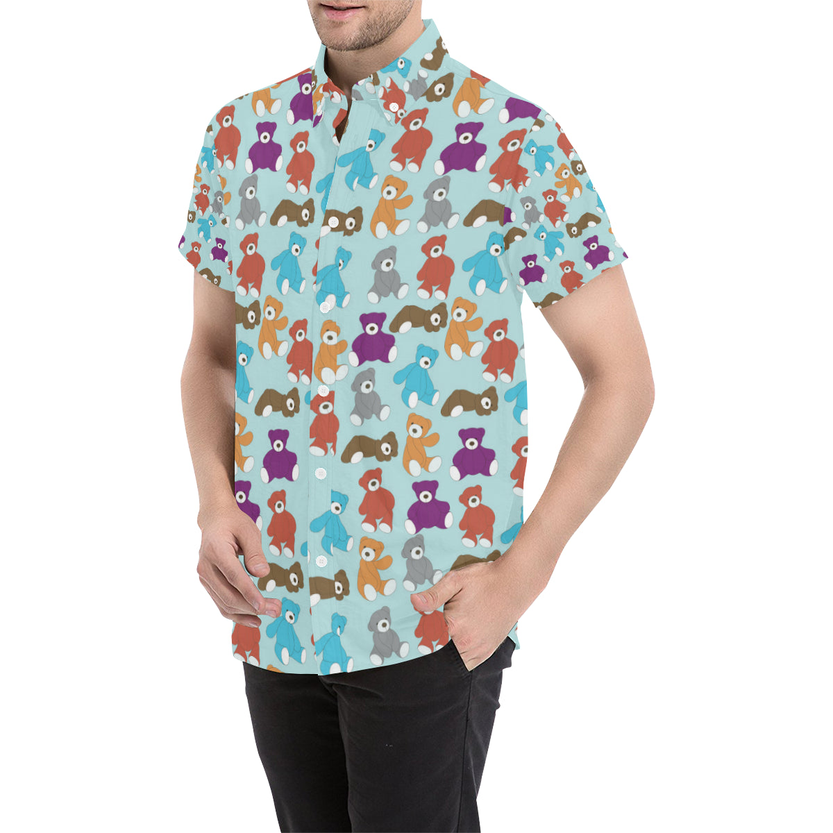 Bear Cute Pattern Print Design 03 Men's Short Sleeve Button Up Shirt