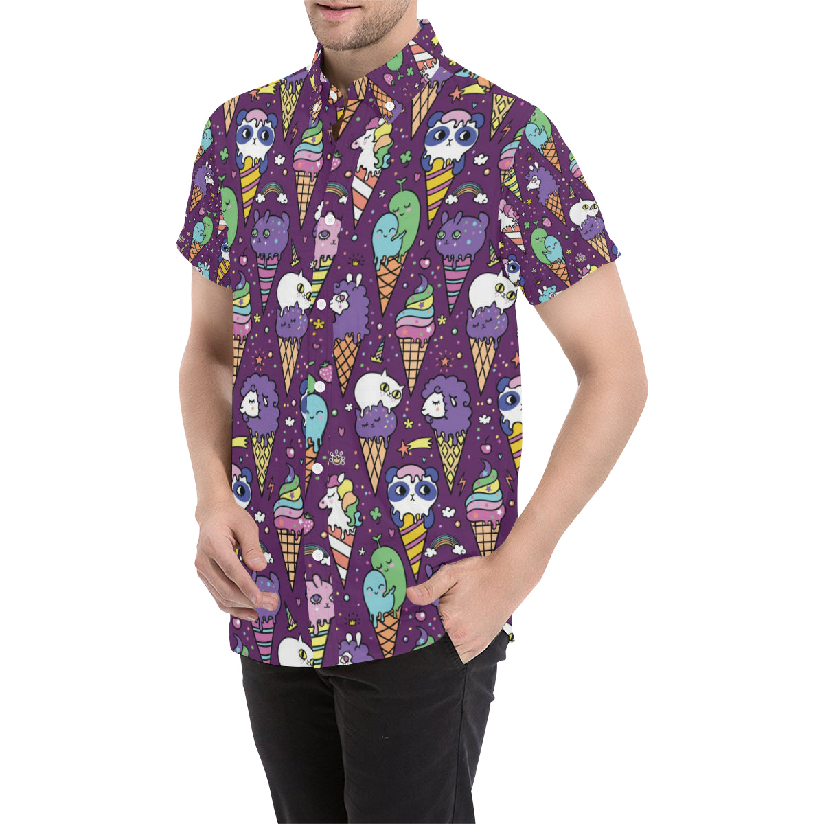 Ice Cream Pattern Print Design IC07 Men's Short Sleeve Button Up Shirt