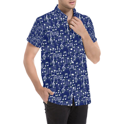 Music Note Blue Themed Print Men's Short Sleeve Button Up Shirt
