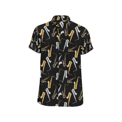Saxophone Pattern Print Design 01 Men's Short Sleeve Button Up Shirt