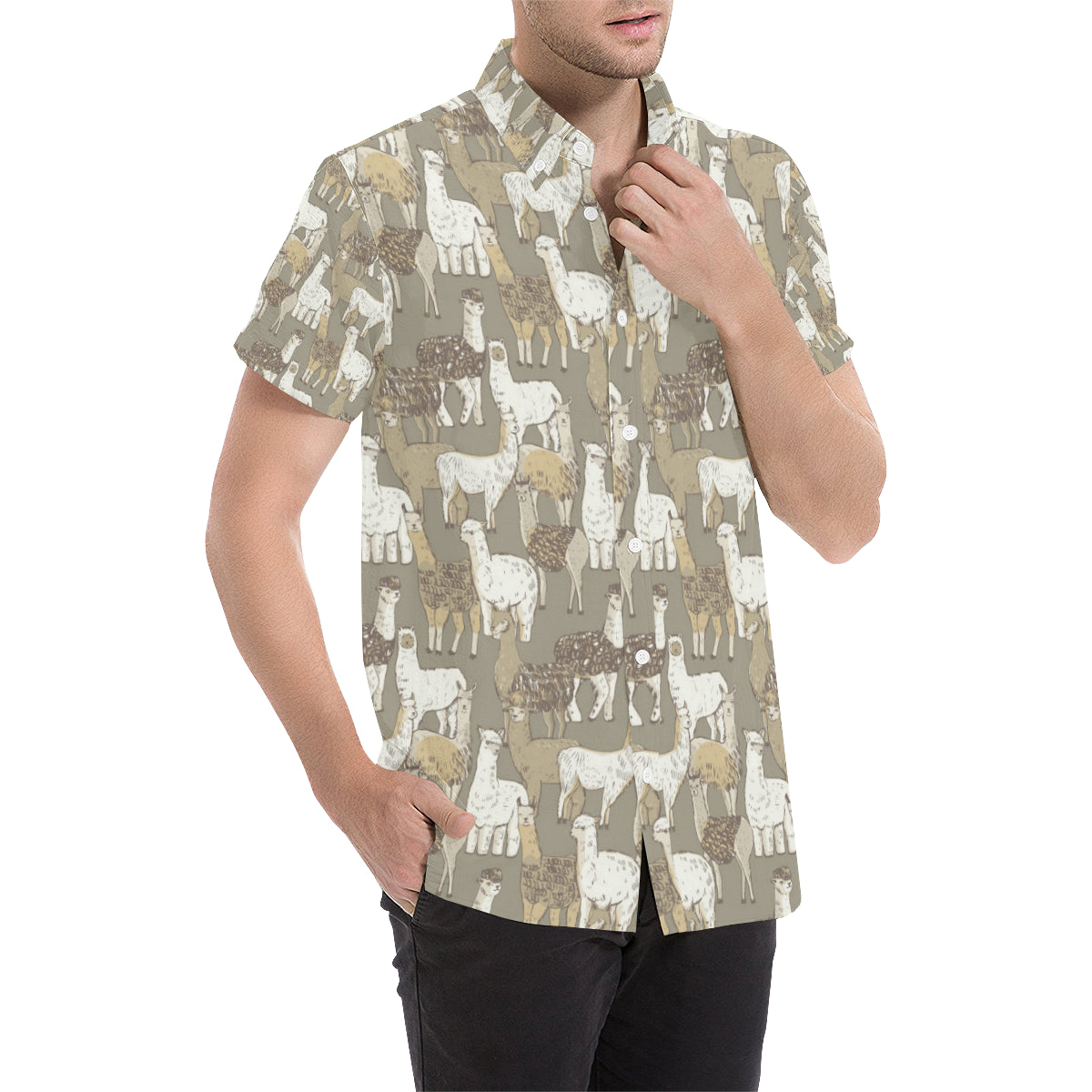 Alpaca Pattern Print Design 01 Men's Short Sleeve Button Up Shirt