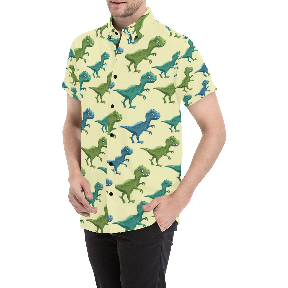 T Rex Pattern Print Design A04 Men's Short Sleeve Button Up Shirt