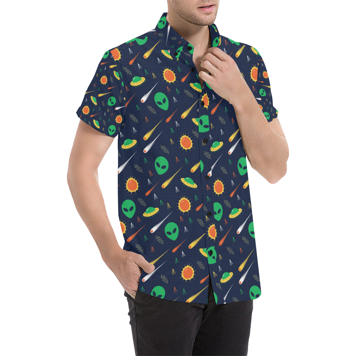 Alien UFO Pattern Print Design 05 Men's Short Sleeve Button Up Shirt