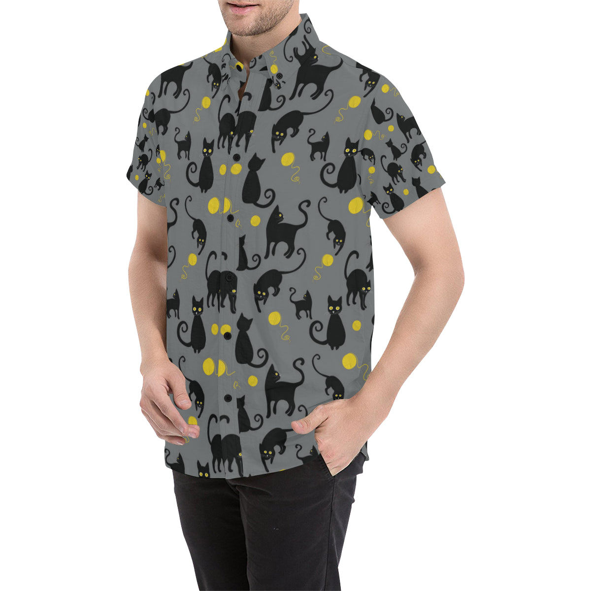 Black Cat Yellow Yarn Print Pattern Men's Short Sleeve Button Up Shirt