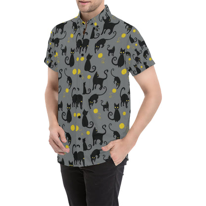 Black Cat Yellow Yarn Print Pattern Men's Short Sleeve Button Up Shirt
