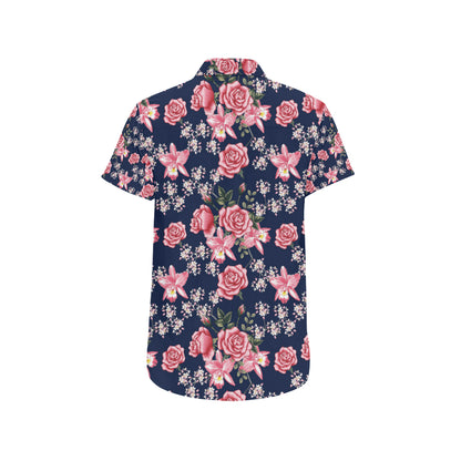 Rose Pattern Print Design A05 Men's Short Sleeve Button Up Shirt