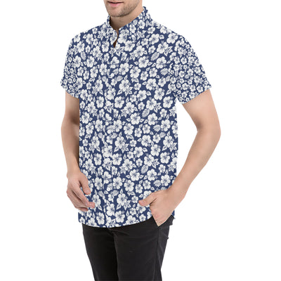 Hibiscus Blue Hawaiian Flower Style Men's Short Sleeve Button Up Shirt