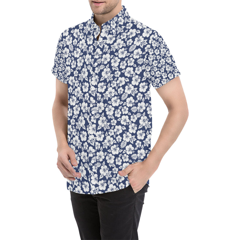 Hibiscus Blue Hawaiian Flower Style Men's Short Sleeve Button Up Shirt