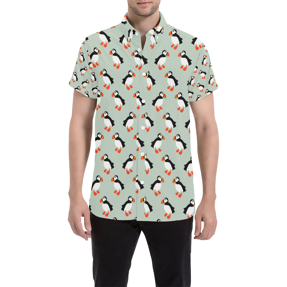 Puffin Pattern Print Design A03 Men's Short Sleeve Button Up Shirt
