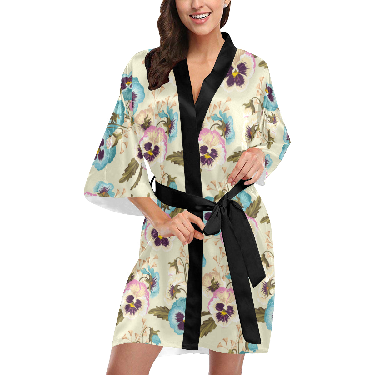 Pansy Pattern Print Design A02 Women's Short Kimono