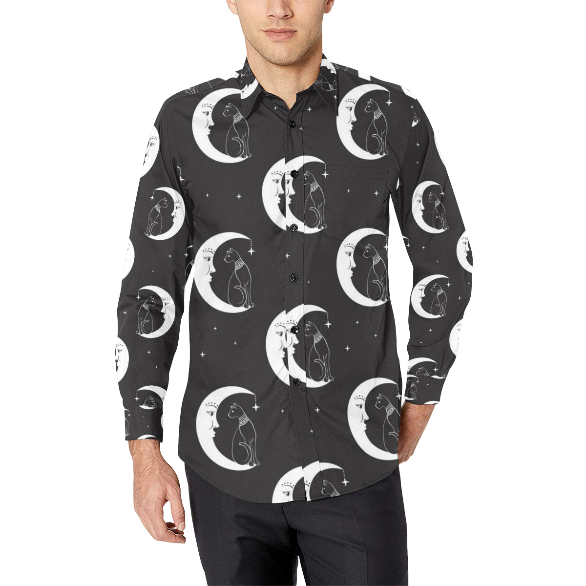 Moon with Cat Pattern Print Design 04 Men's Long Sleeve Shirt
