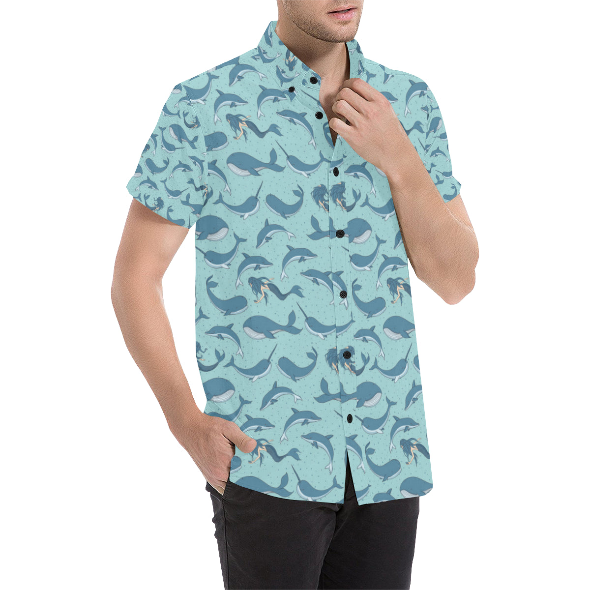 Narwhal Themed Print Men's Short Sleeve Button Up Shirt
