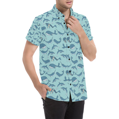 Narwhal Themed Print Men's Short Sleeve Button Up Shirt
