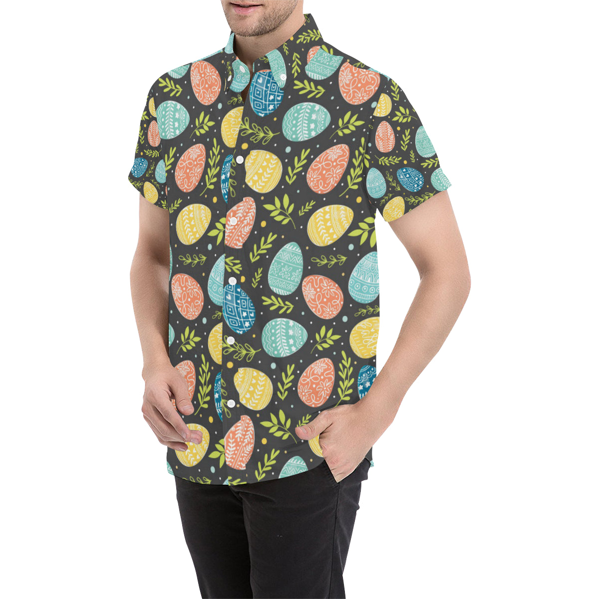 Easter Eggs Pattern Print Design RB01 Men's Short Sleeve Button Up Shirt
