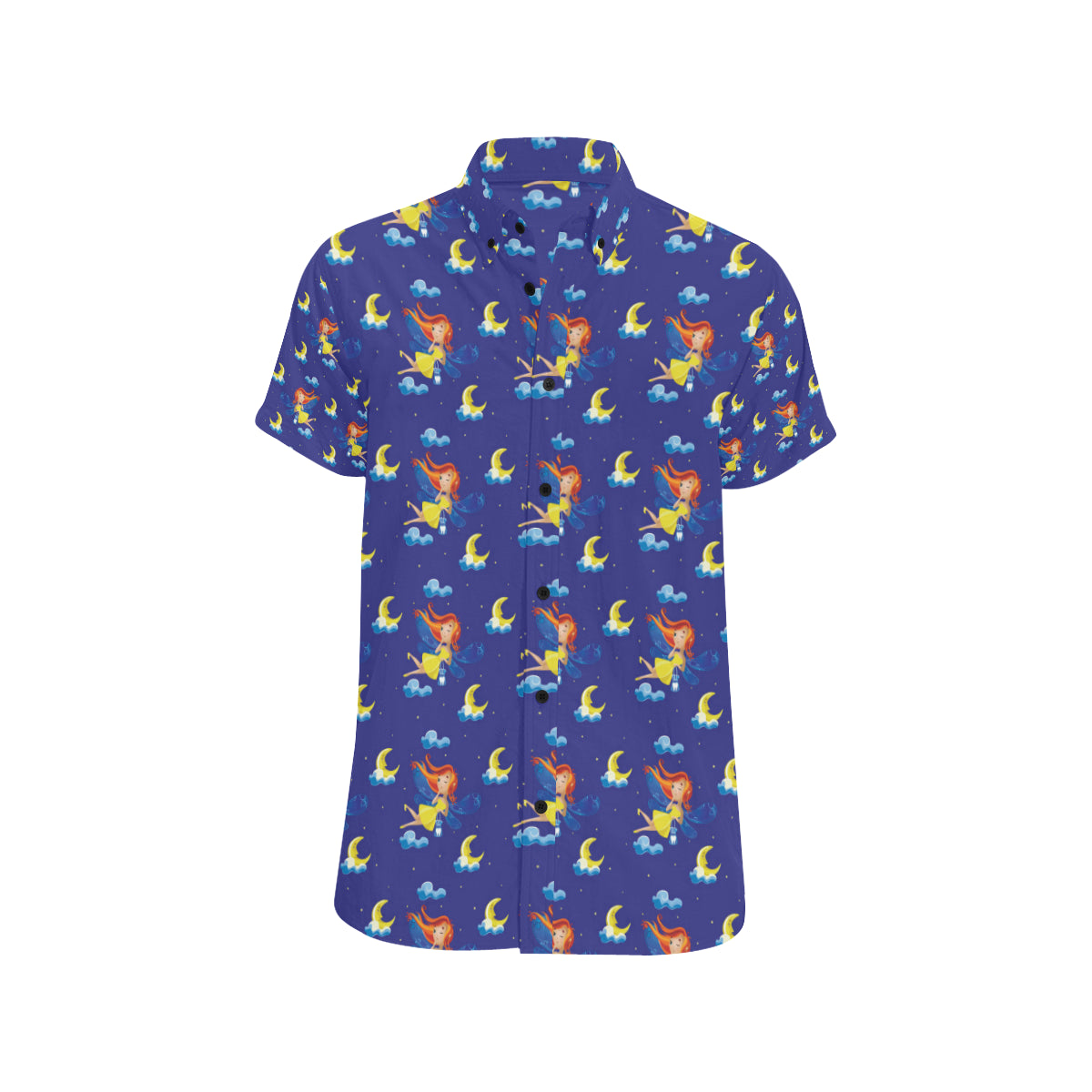 Fairy with Moon Print Pattern Men's Short Sleeve Button Up Shirt