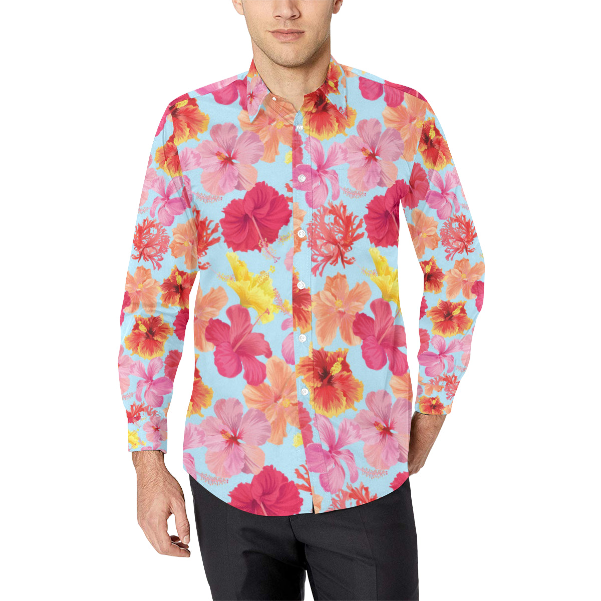 Hibiscus Pattern Print Design HB020 Men's Long Sleeve Shirt