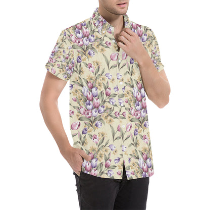 Tulip Pattern Print Design TP04 Men's Short Sleeve Button Up Shirt