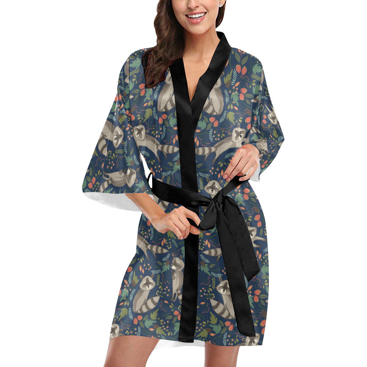 Raccoon Pattern Print Design A02 Women's Short Kimono