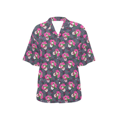 Sugar Skull Pink Rose Themed Print Women's Hawaiian Shirt