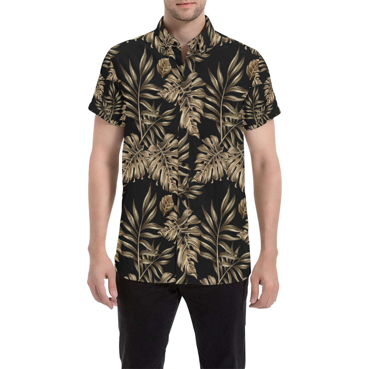 Brown Tropical Palm Leaves Men's Short Sleeve Button Up Shirt