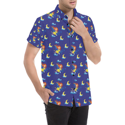 Fairy with Moon Print Pattern Men's Short Sleeve Button Up Shirt