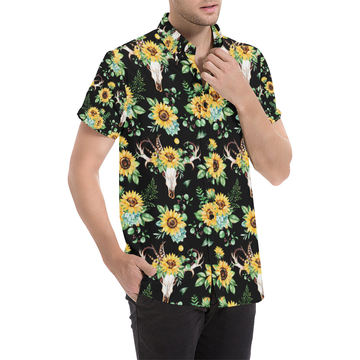 Sunflower Pattern Print Design SF08 Men's Short Sleeve Button Up Shirt