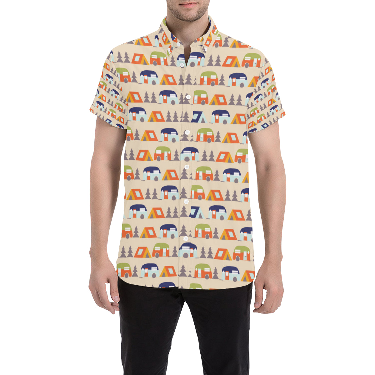 Camper Tent Pattern Print Design 03 Men's Short Sleeve Button Up Shirt