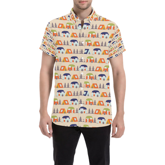 Camper Tent Pattern Print Design 03 Men's Short Sleeve Button Up Shirt