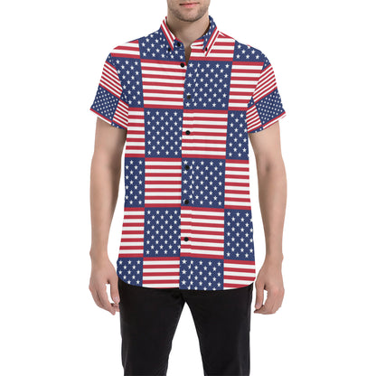 Patriotic US Flag Pattern Print Design A03 Men's Short Sleeve Button Up Shirt