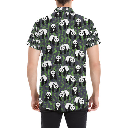 Panda Bear Bamboo Themed Print Men's Short Sleeve Button Up Shirt