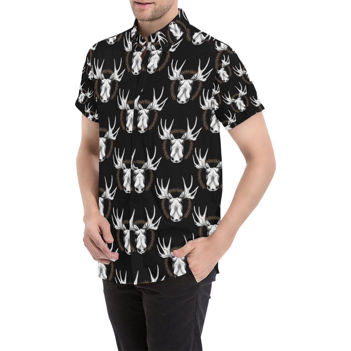 Moose Pattern Print Design 02 Men's Short Sleeve Button Up Shirt