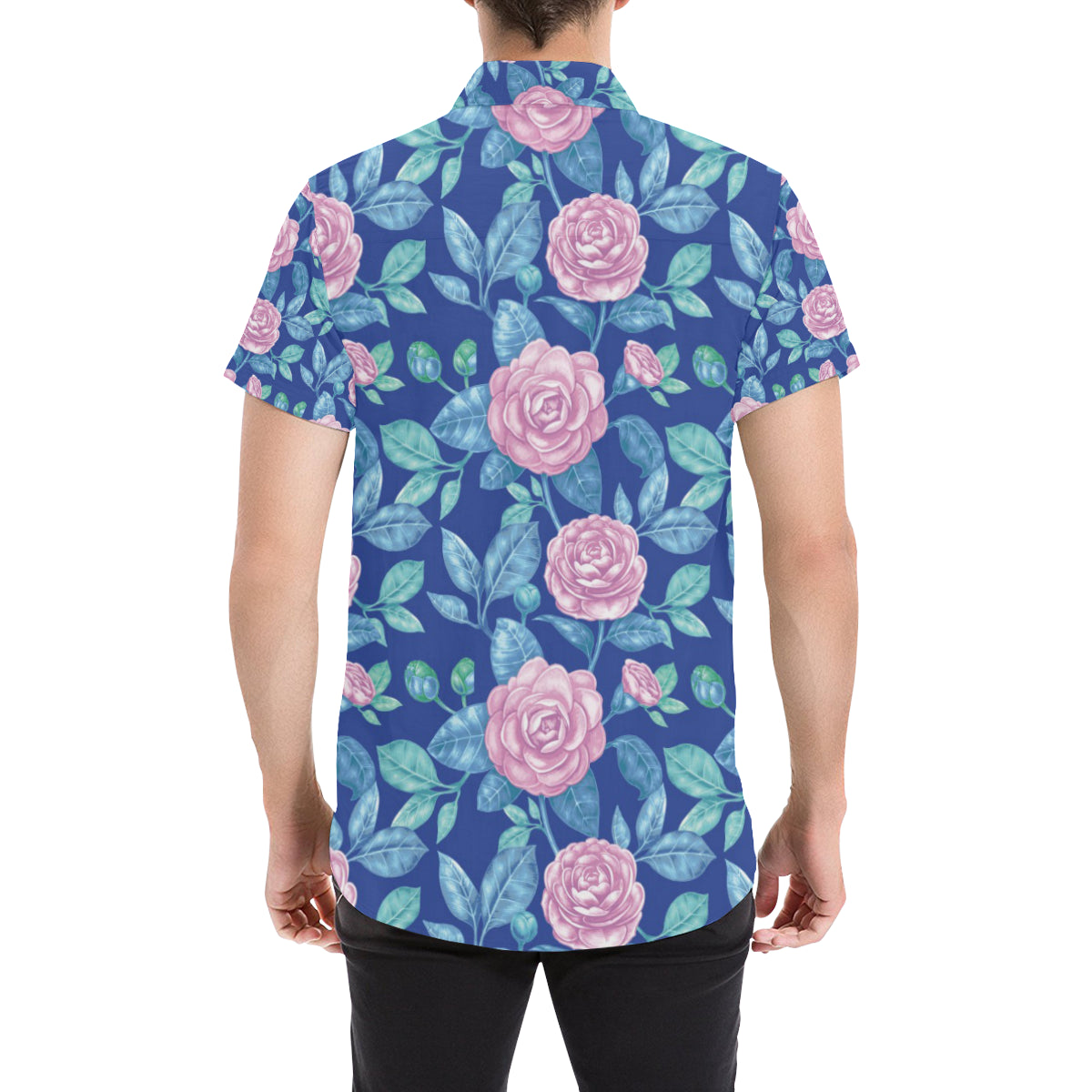 Camellia Pattern Print Design CM05 Men's Short Sleeve Button Up Shirt