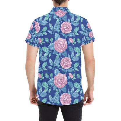 Camellia Pattern Print Design CM05 Men's Short Sleeve Button Up Shirt