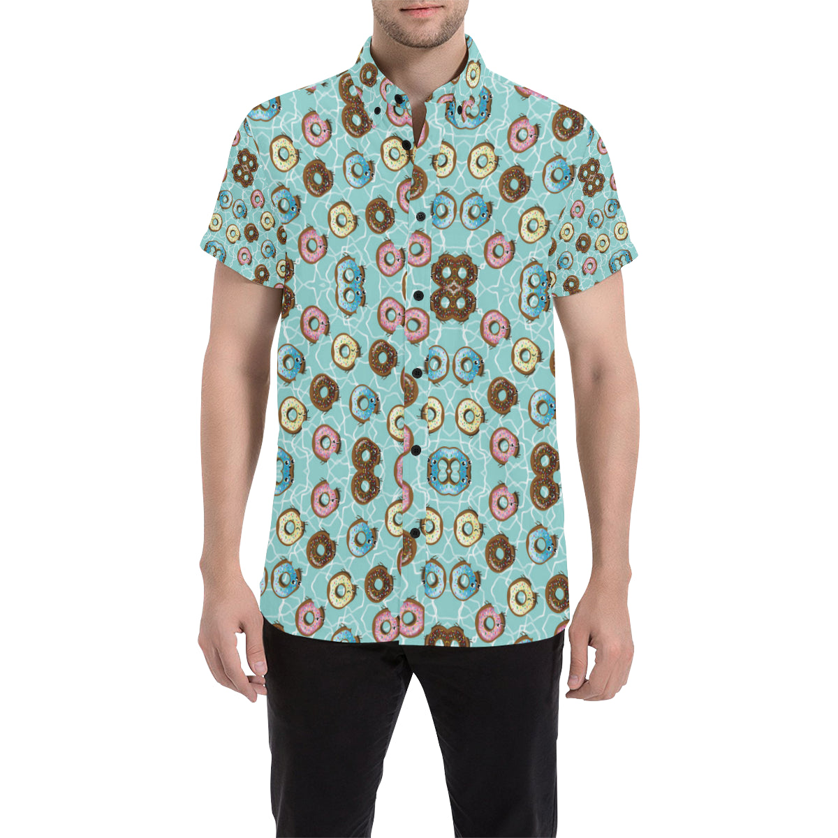 Emoji Donut Print Pattern Men's Short Sleeve Button Up Shirt