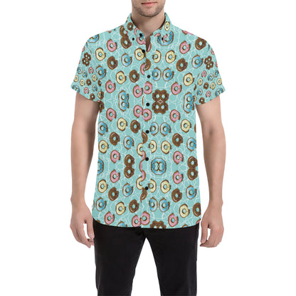 Emoji Donut Print Pattern Men's Short Sleeve Button Up Shirt