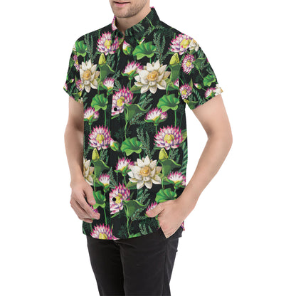Water Lily Pattern Print Design WL010 Men's Short Sleeve Button Up Shirt