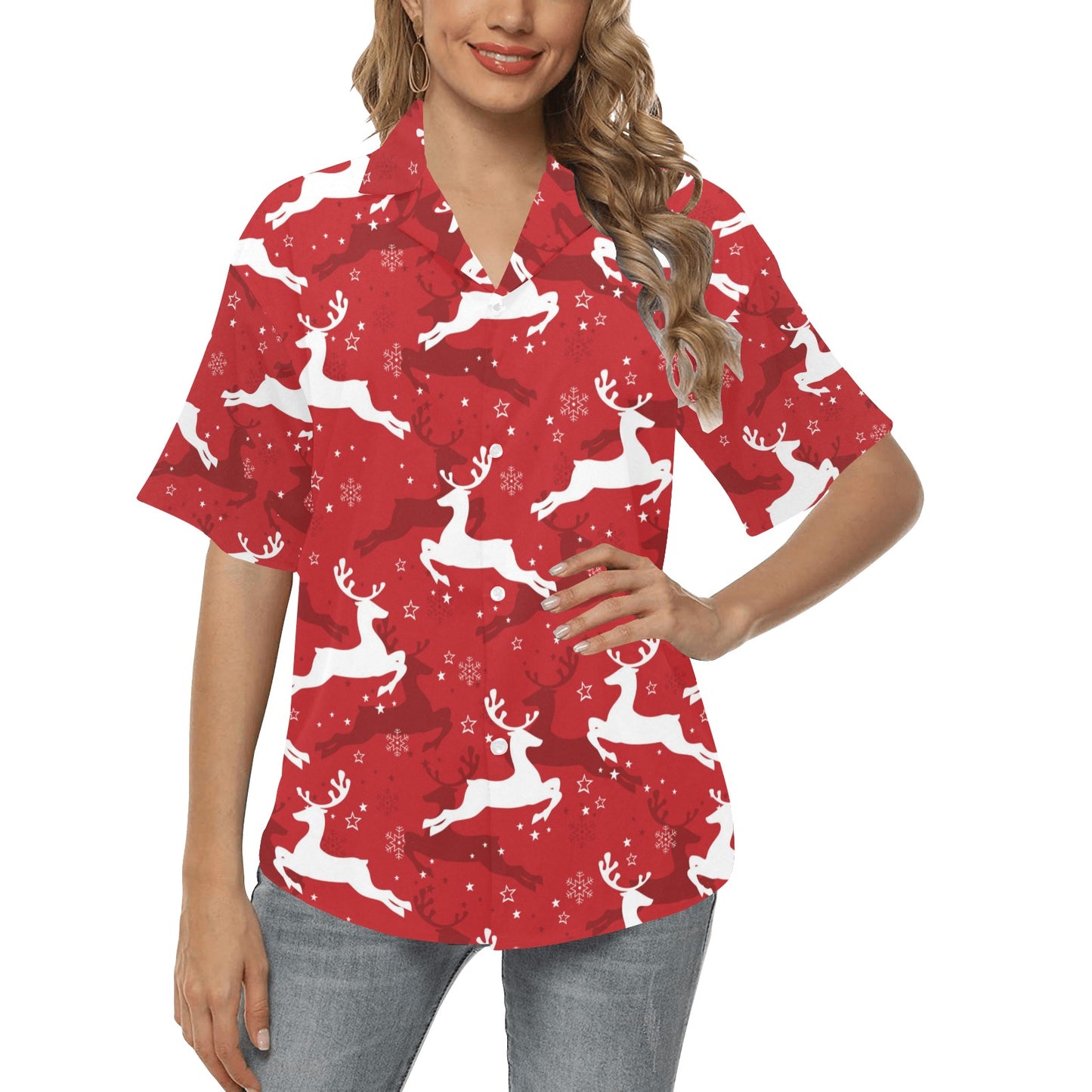 Reindeer Red Pattern Print Design 01 Women's Hawaiian Shirt