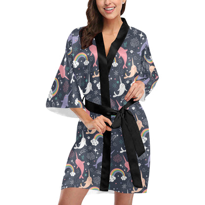 Narwhal Pattern Print Design 01 Women's Short Kimono
