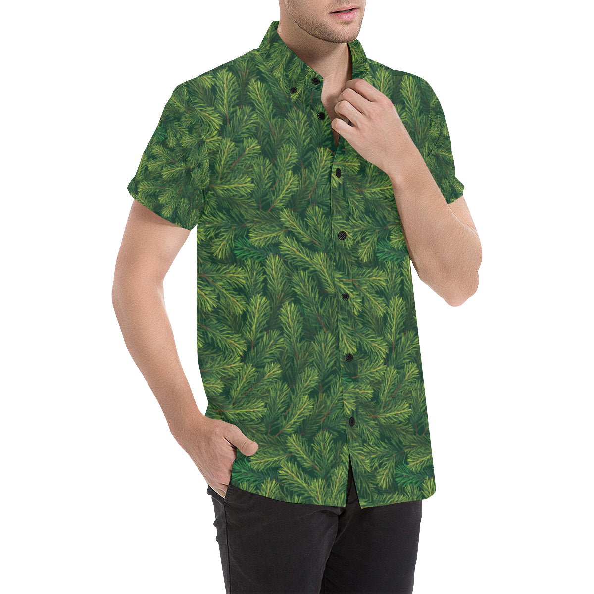 Christmas Tree Pattern Print Design 02 Men's Short Sleeve Button Up Shirt