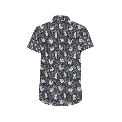 Sloth Happy Design Themed Print Men's Short Sleeve Button Up Shirt