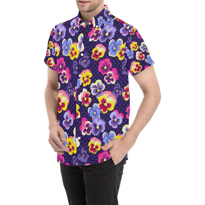 Pansy Pattern Print Design PS04 Men's Short Sleeve Button Up Shirt