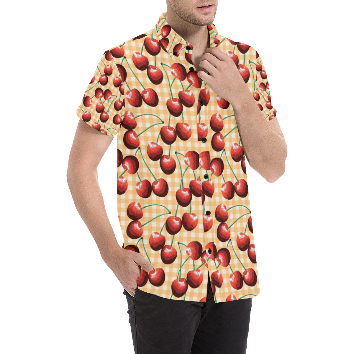 Cherry Orange Plaid Print Men's Short Sleeve Button Up Shirt
