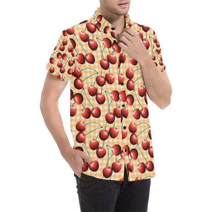 Cherry Orange Plaid Print Men's Short Sleeve Button Up Shirt